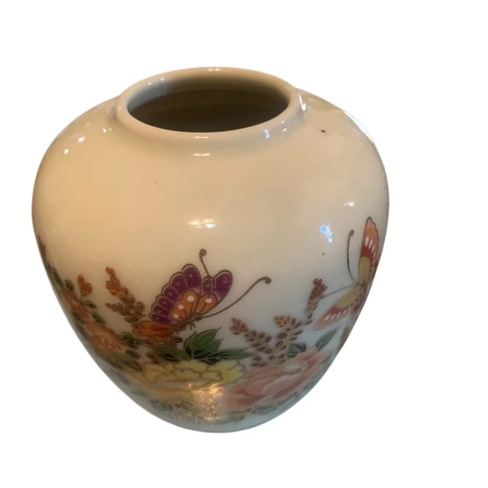 Otagiri Porcelain White Red & Yellow Flowers Butterflies Floral 4.5